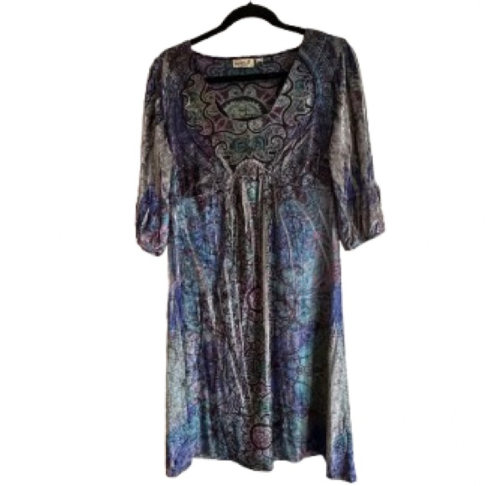 ONE WORLD Vibrant Patterned Dress - Purple and Teal - Size L